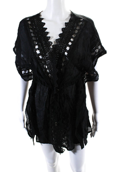 Elan Womens Short Sleeve Lace Trim Drawstring Waist Kimono Robe Black Size Small