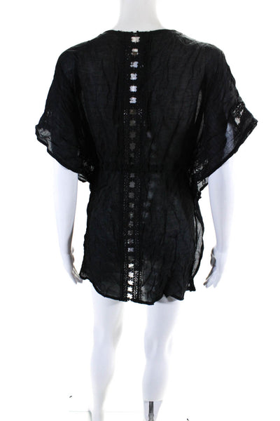 Elan Womens Short Sleeve Lace Trim Drawstring Waist Kimono Robe Black Size Small