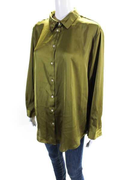 Tahari Womens Satin Collared Long Sleeve Button Up Blouse Top Green Size L