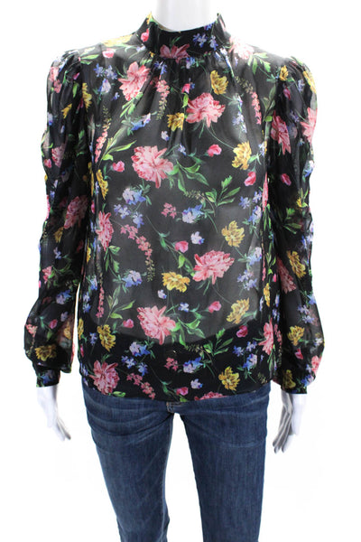 Generation Love Womens Black Silk Floral High Neck Long Sleeve Blouse Top SizeXS