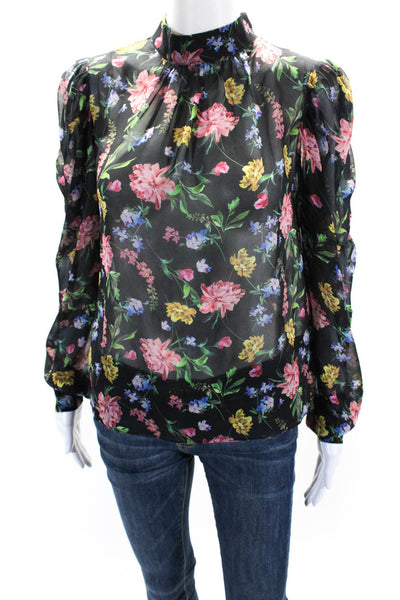 Generation Love Womens Black Silk Floral High Neck Long Sleeve Blouse Top SizeXS