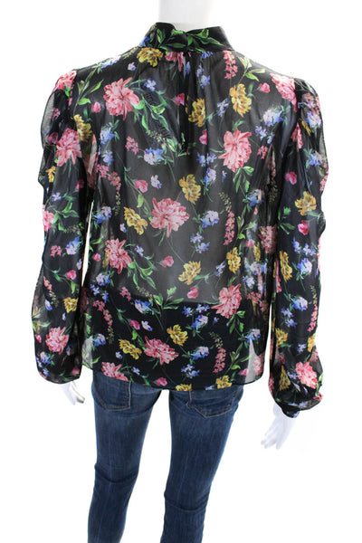 Generation Love Womens Black Silk Floral High Neck Long Sleeve Blouse Top SizeXS