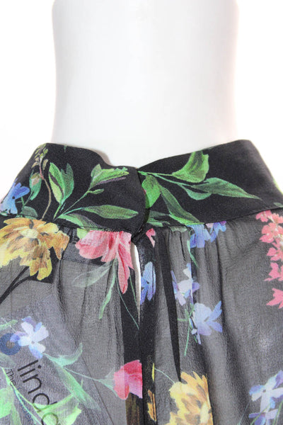 Generation Love Womens Black Silk Floral High Neck Long Sleeve Blouse Top SizeXS