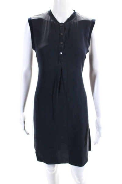 Theory Women's Round Neck Quarter Button Sleeveless Mini Silk Dress Black Size M