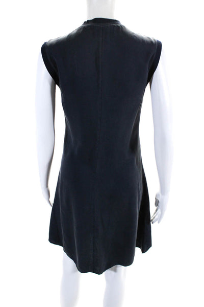 Theory Women's Round Neck Quarter Button Sleeveless Mini Silk Dress Black Size M