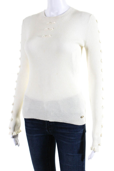 Chanel Womens Ivory Wool Ribbed Crew Neck Long Sleeve Pullover Sweater Top Size