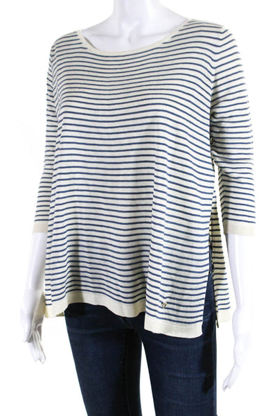 Cruciani Womens White Blue Striped Scoop Neck Slit 3/4 Sleeve Blouse Top Size M