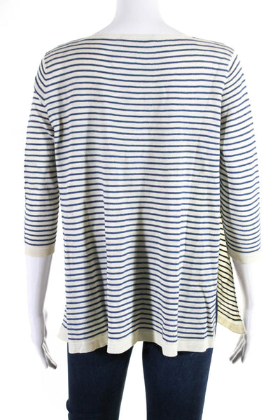 Cruciani Womens White Blue Striped Scoop Neck Slit 3/4 Sleeve Blouse Top Size M