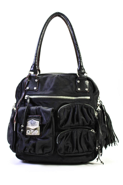 MZ Wallace Nylon Zip Around Tassel Accent Double Handle Shoulder Handbag Black