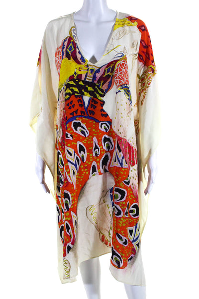 Figue Womens Abstract Print V Neck Short Sleeves Kaftan Dress Yellow Size Small