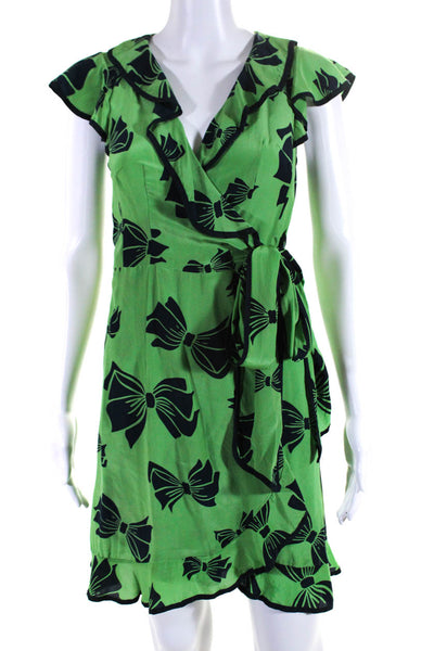 Nanette Lepore Womens Silk Bow Print Wrap Dress Green Navy Blue Size 2