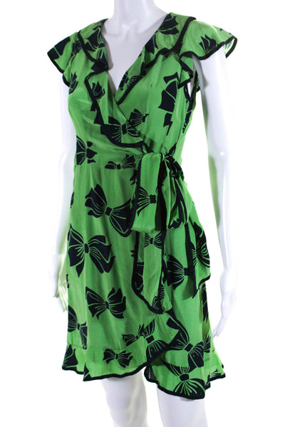 Nanette Lepore Womens Silk Bow Print Wrap Dress Green Navy Blue Size 2