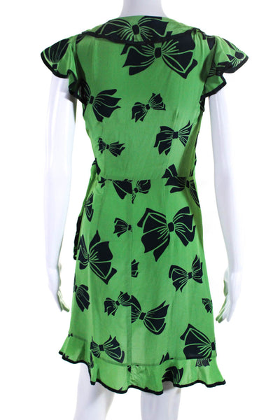 Nanette Lepore Womens Silk Bow Print Wrap Dress Green Navy Blue Size 2