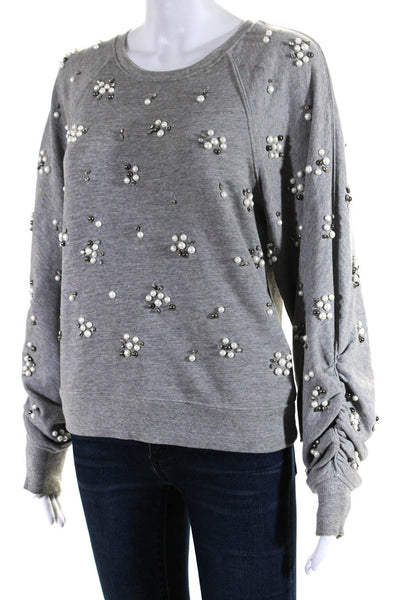 Joie Womens Pearl Jeweled Long Sleeves Sweater Gray Cotton Size Extra Small