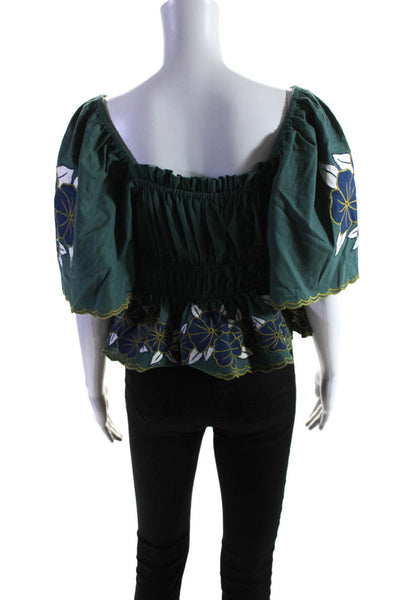 The Great Womens Cotton Floral Embroidered Hem Ruched Blouse Top Green Size 1