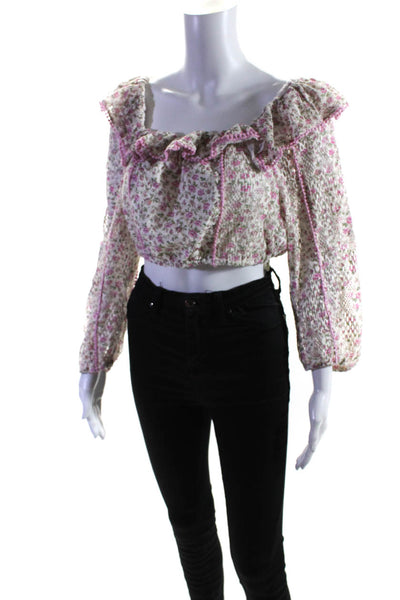 Love Shack Fancy Womens Cotton Floral Print Cropped Pullover Blouse Pink Size S