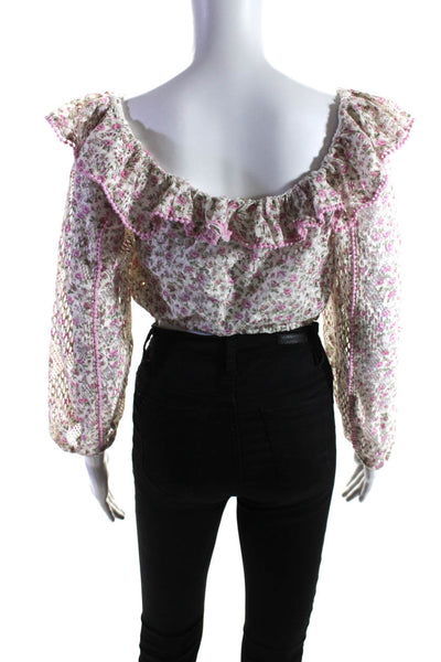 Love Shack Fancy Womens Cotton Floral Print Cropped Pullover Blouse Pink Size S