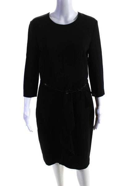 Max Mara Womens Back Zip 3/4 Sleeve Belted Crew Neck Dress Black Wool Size 12