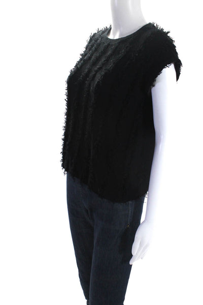 525 America Womens Black Cotton Fringe Crew Neck Sleeveless Blouse Top Size S