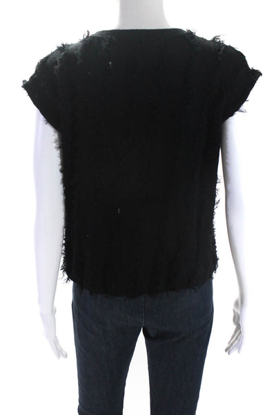 525 America Womens Black Cotton Fringe Crew Neck Sleeveless Blouse Top Size S