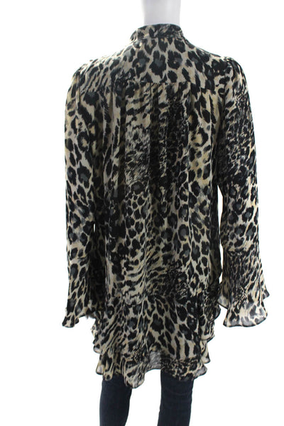 Parker Womens Black Beige Leopard Print Ruffle Long Sleeve Blouse Top Size S