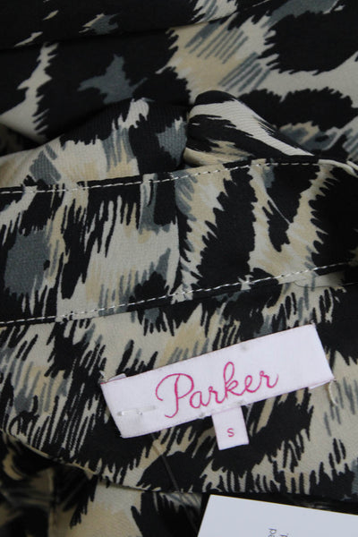 Parker Womens Black Beige Leopard Print Ruffle Long Sleeve Blouse Top Size S