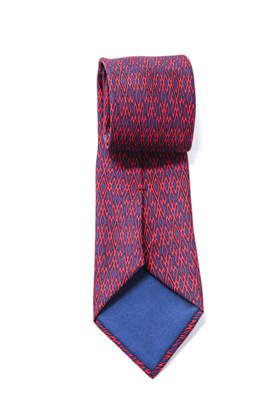 Hermes Mens Silk Geometric Print Necktie Blue Red