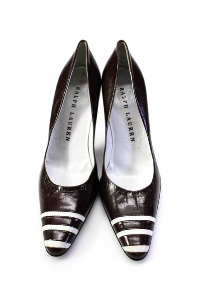 Ralph Lauren Womens Leather Striped Pointed Stiletto Pumps Brown White Size 8