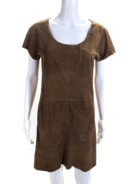 Kookai Womens Short Sleeve Scoop Neck Suede Shift Dress Brown Size EU 40