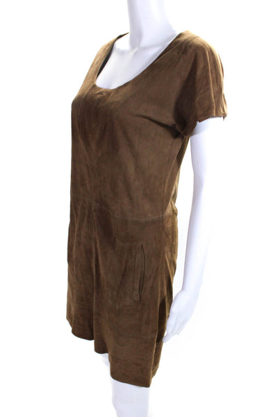 Kookai Womens Short Sleeve Scoop Neck Suede Shift Dress Brown Size EU 40