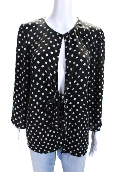 L'Academie Womens Black Star Print Tie Front Long Sleeve Blouse Top Size L