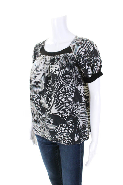 Theory Womens Silk Abstract Round Neck Short Sleeve Blouse Top White Size S