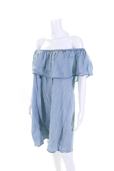 BB Dakota Womens Elastic Ruffled Off Shoulder Shift Dress Blue Size Large