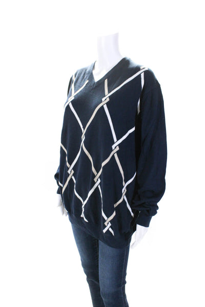 Neiman Marcus Womens Pullover V Neck Argyle Sweater Navy Blue White Size XL