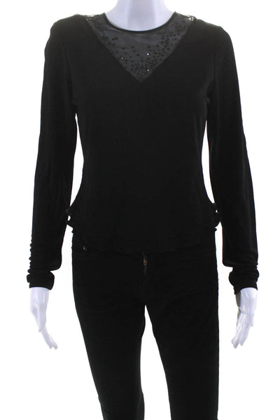 Neil Bieff Womens Jersey Knit Mesh Crystal Long Sleeve Blouse Top Black Size 6