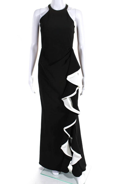 Parker Black Womens Black White Halter Neck Sleeveless Ruffle Gown Dress Size 2