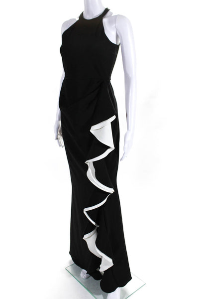 Parker Black Womens Black White Halter Neck Sleeveless Ruffle Gown Dress Size 2