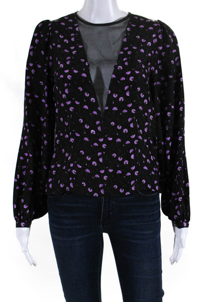 Fleur du Mal Womens Black Silk Floral Print V-Neck Long Sleeve Blouse Top Size 2