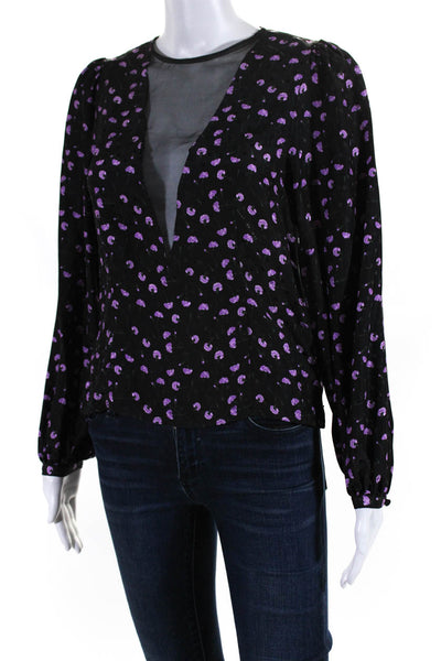 Fleur du Mal Womens Black Silk Floral Print V-Neck Long Sleeve Blouse Top Size 2