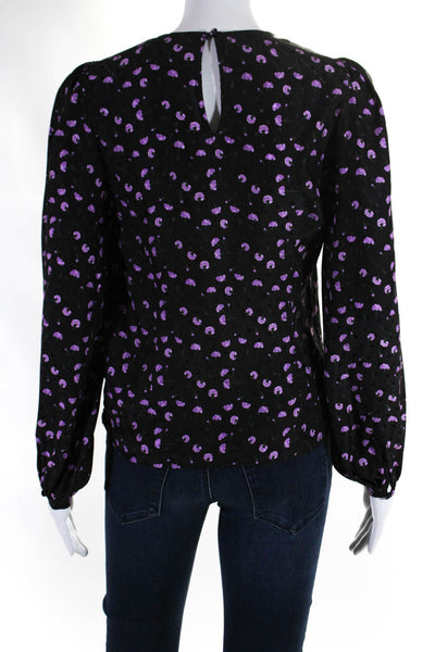 Fleur du Mal Womens Black Silk Floral Print V-Neck Long Sleeve Blouse Top Size 2