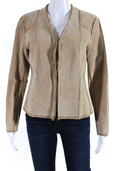 Adrienne Landau Womens Leather Darted Open Front Embroidered Jacket Brown Size S