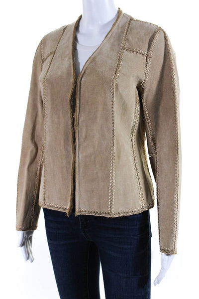 Adrienne Landau Womens Leather Darted Open Front Embroidered Jacket Brown Size S