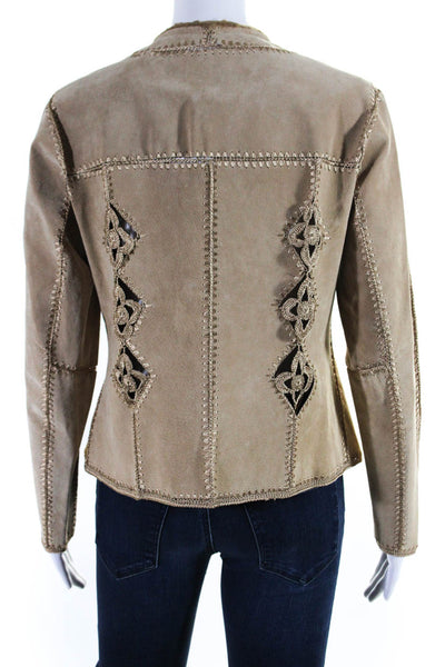 Adrienne Landau Womens Leather Darted Open Front Embroidered Jacket Brown Size S