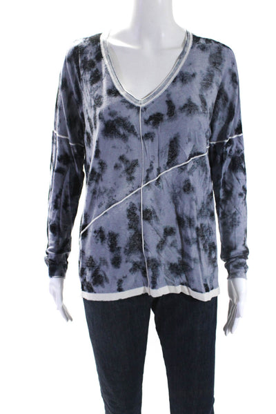 Kokun Womens Tie-Dye Print V-Neck Long Sleeve Knit Shirt Top Gray Black Size S