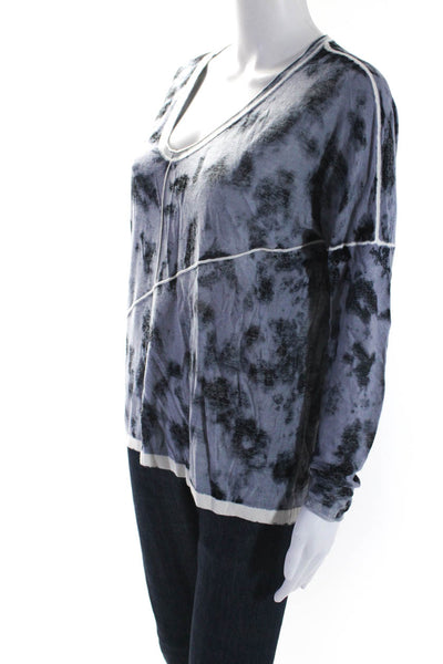 Kokun Womens Tie-Dye Print V-Neck Long Sleeve Knit Shirt Top Gray Black Size S