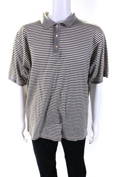 Ermenegildo Zegna Mens Cotton Striped Print Polo Shirt Top Brown Ivory Size 2XL