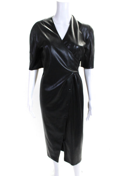 Nanushka Womens Vegan Leather V-Neck Short Sleeve Maxi Wrap Dress Black Size XS