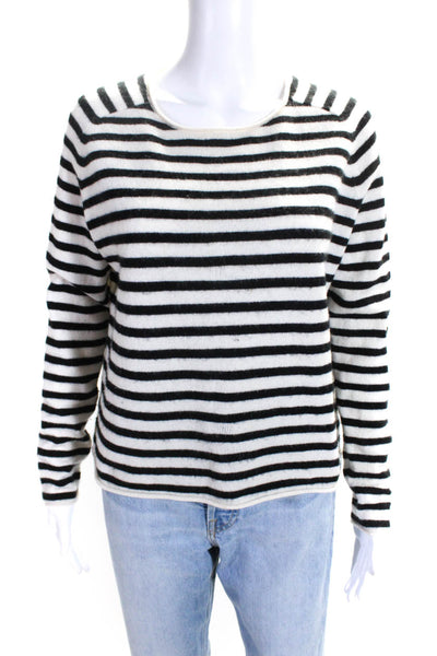 Line Womens Cashmere Striped Round Neck Long Sleeve Sweater Top White Size M