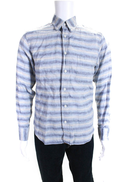 Billy Reid Mens Striped Print Long Sleeve Standard Button Down Shirt Blue Size S