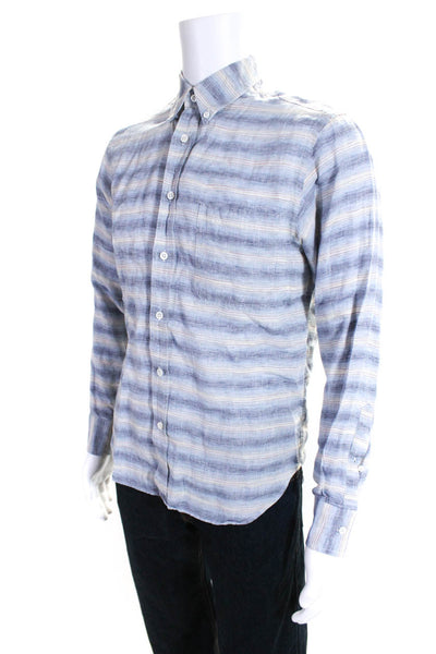 Billy Reid Mens Striped Print Long Sleeve Standard Button Down Shirt Blue Size S